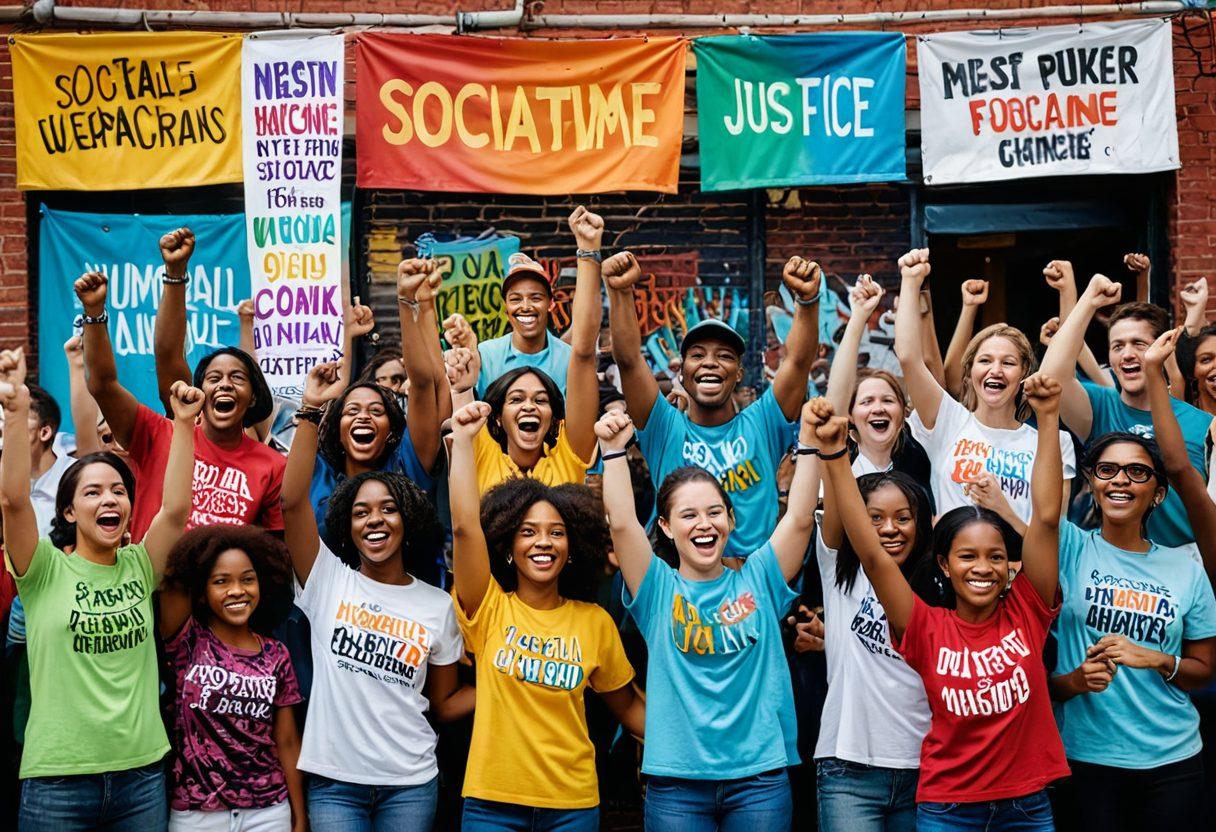 A diverse group of people actively participating in a community gathering, holding banners with inspirational slogans promoting social justice. The scene is lively and vibrant, showcasing individuals from different backgrounds coming together with passion and teamwork. Include elements like colorful graffiti art on walls and symbols of justice like scales and raised fists. The atmosphere should evoke unity and hope for change. super-realistic. vibrant colors. community setting.