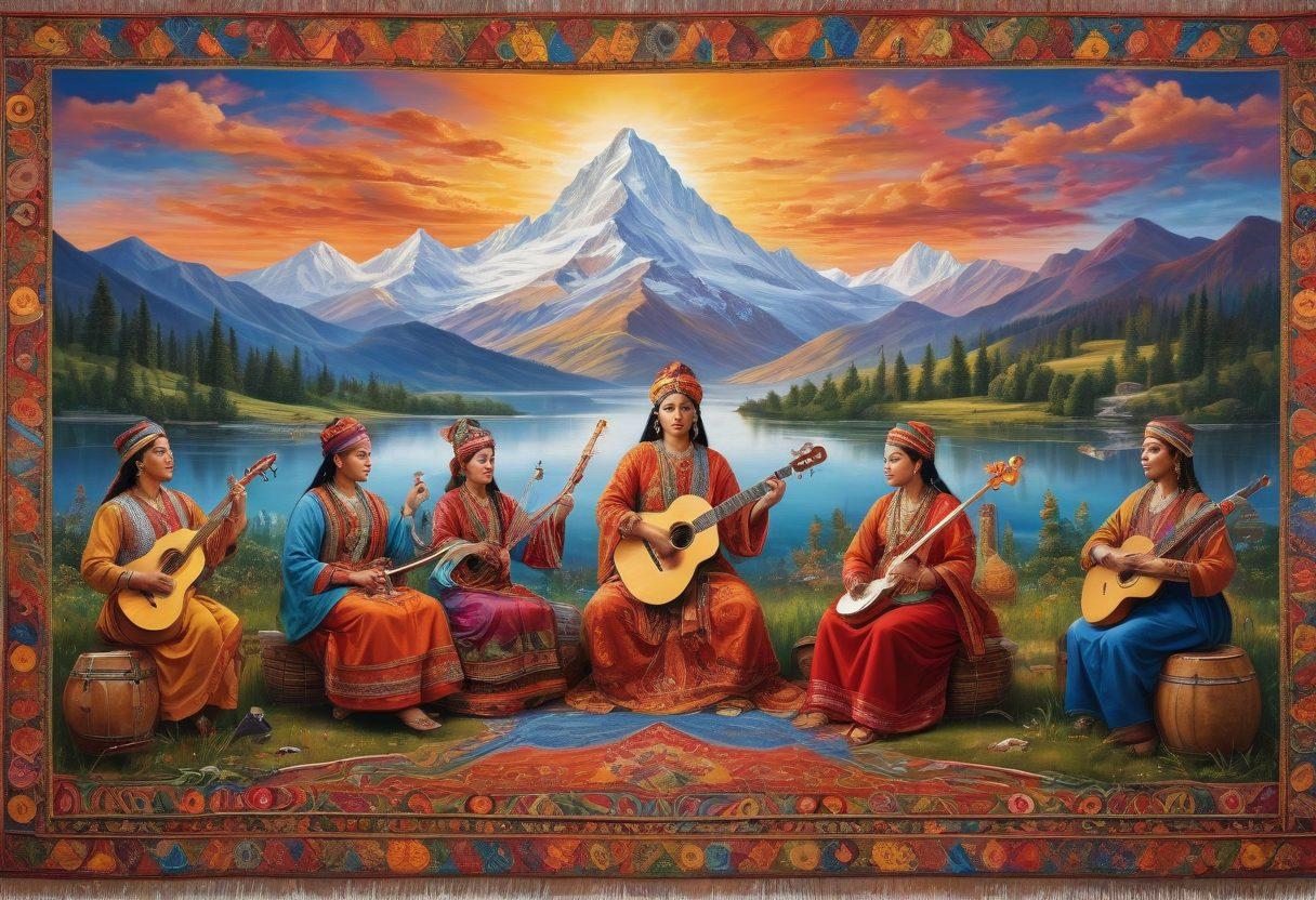 A vibrant tapestry of diverse cultural symbols and expressions intertwined, featuring traditional clothing, musical instruments, and artistic motifs from various cultures, radiating a sense of unity and empowerment. The background should depict a harmonious blend of landscapes representing different regions, symbolizing equity and collaboration. The colors should be rich and lively to evoke a feeling of celebration. super-realistic. vibrant colors. white background.